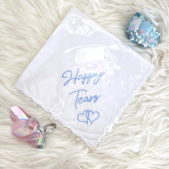 NWT • White Cotton Handkerchief Wedding Keepsake Set (x6) with Blue Embroidery - Picture 3 of 4